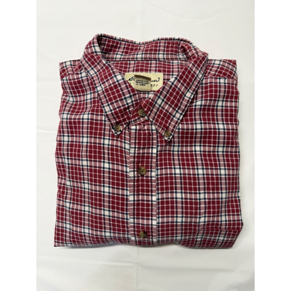 Eddie Bauer Mens XXL Red Blue Plaid Button Down Shirt 100% Cotton Long Sleeve